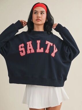 These three boutique salty mockneck red gingham navy sweater nwt